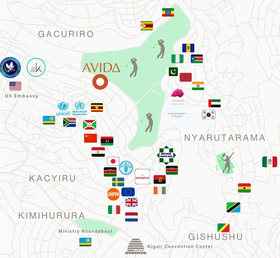 Avida and nearby embassies on Kigali Golf Course